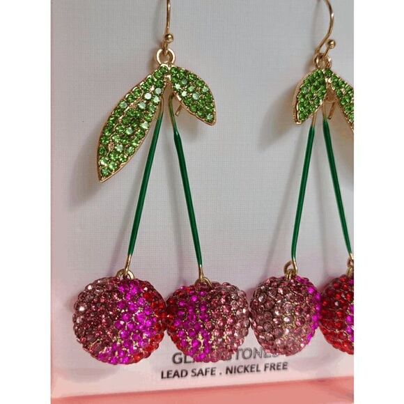 🍒 PIPER K Cherry Glass Stones Nickel Free Drop Statement Earrings NEW IN BOX - Picture 5 of 14